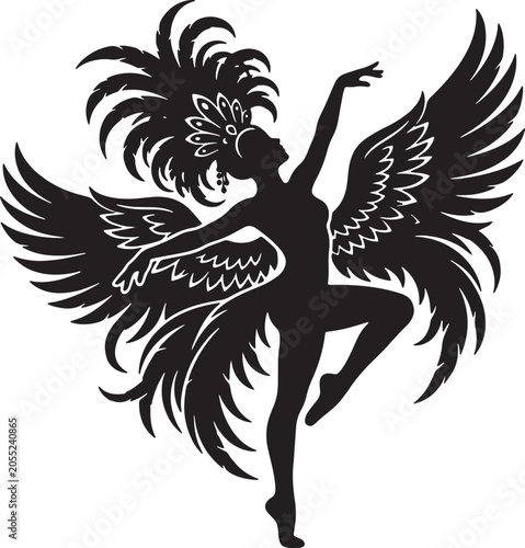 Fotografi Silhouette of a Dancer with Elaborate Feathered Wings and Headdress, Carnival Da