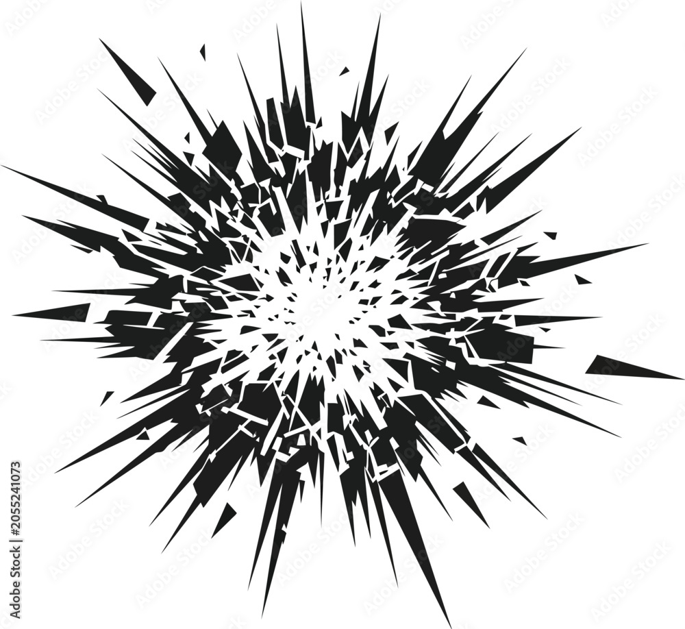 Obraz premium Abstract shattered explosion with sharp fragments radiating outwards from a central point against a white backdrop
