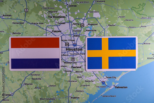 June 9, 2026, United States. Flags of the participants of the FIFA World Cup group stage of the national teams of the Netherlands and Sweden on the background of a map of Houston.