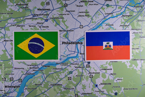 June 9, 2026, United States. Flags of the participants of the FIFA World Cup group stage of the national teams of Brazil and Haiti on the background of the Philadelphia map.