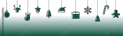 Christmas hanging ornaments banner with reindeer, Santa hat, Christmas tree, gift box, snowflake, candy cane, bell, gingerbread man and festive bauble