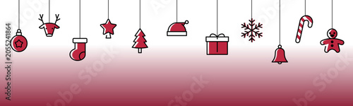 Christmas hanging ornaments banner with reindeer, Santa hat, Christmas tree, gift box, snowflake, candy cane, bell, gingerbread man and festive bauble