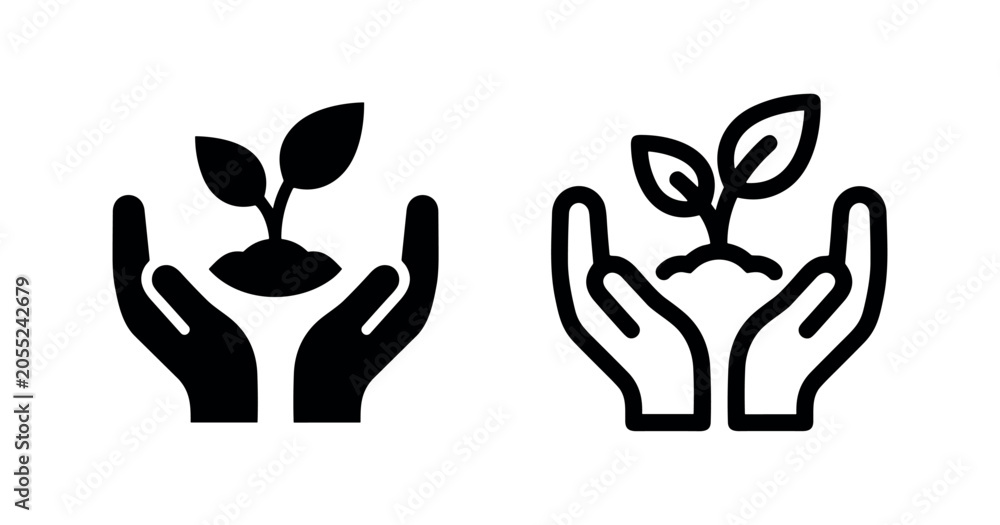 Fototapeta premium Black and white hands holding seedling icons
