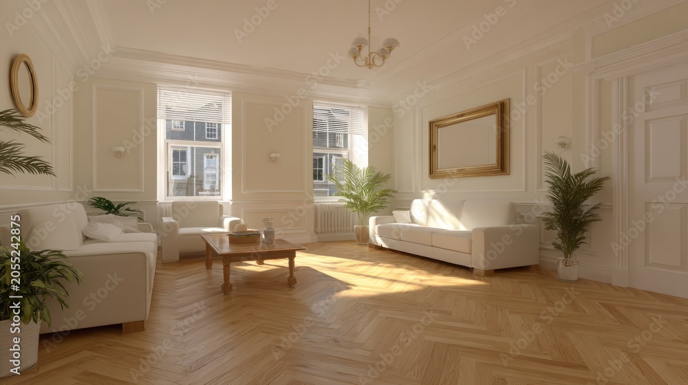 Fototapeta premium Elegant, sunlit drawing room features classic architectural details and comfortable seating