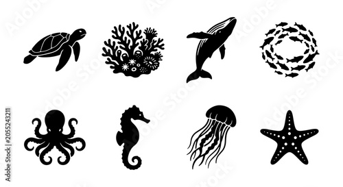Photography Ocean Life Icons Set: Sea Turtle, Coral, Whale, Fish School, Octopus, Seahorse,