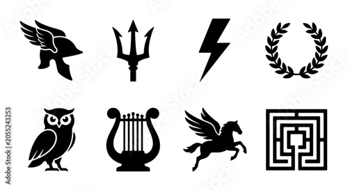Fotografie Ancient Greek Mythology Icons Set: Pegasus, Owl, Trident, Laurel Wreath, Maze, L