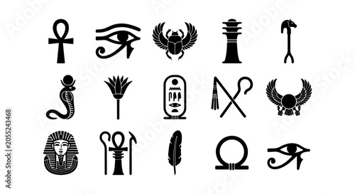 Foto Ancient Egyptian Hieroglyphs and Symbols Vector Icons Set, Sacred Ankh, Eye of H