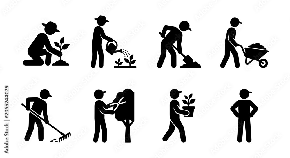 Fototapeta premium Gardening Icon Set: Planting, Watering, Digging, Raking, Pruning, Carrying Plants, 8 Icons