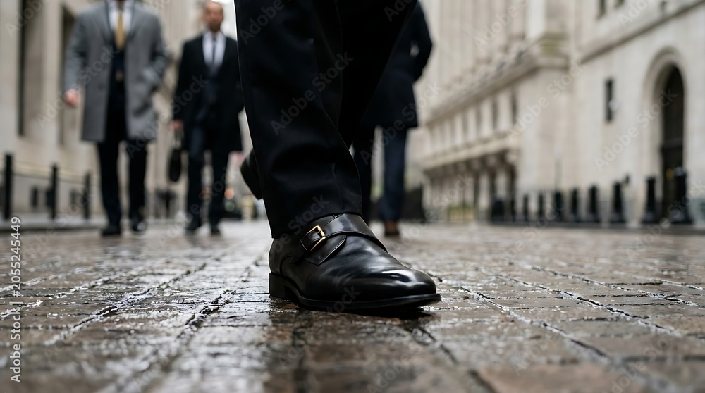 Fototapeta premium Businessmen walking on a wet cobblestone street in a city.