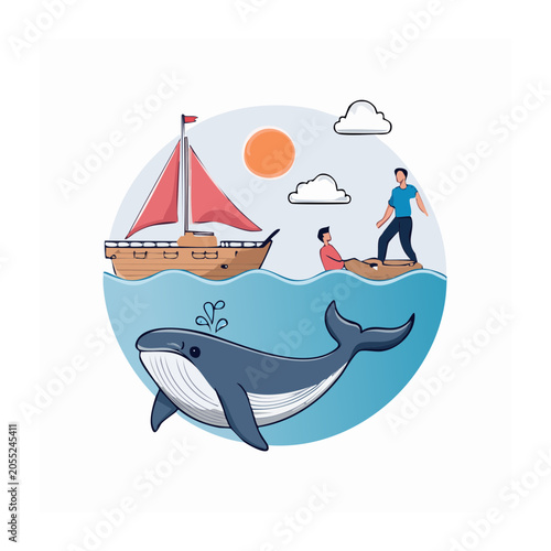 Whale swimming near sailboat and people in ocean
