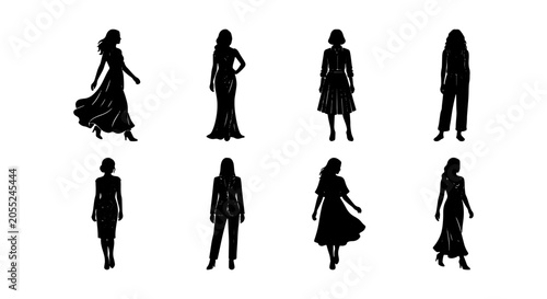 Canvas-taulu Elegant Female Silhouettes, Fashion Poses Vector Set, Diverse Women Styles, Blac