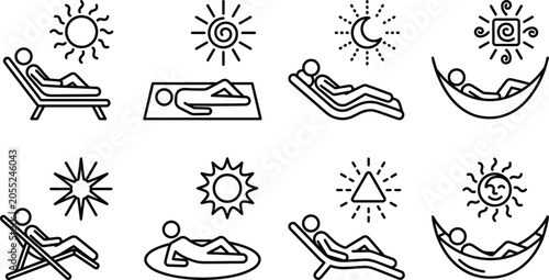 Obraz na plátne Minimalist summer sunbathing relaxation line art icon set featuring stick figure