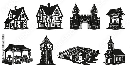Fotografie Medieval town and village black silhouette icon set featuring timbered houses ca