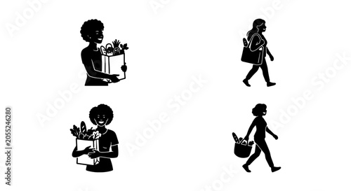 Fotografie Diverse Women Shopping, Groceries, Bags, Vector Icons Set, Lifestyle Commerce