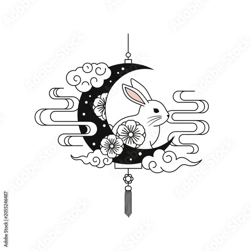 Black and white rabbit on moon.