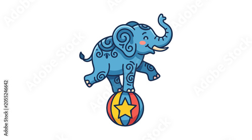 Blue elephant balancing on ball.