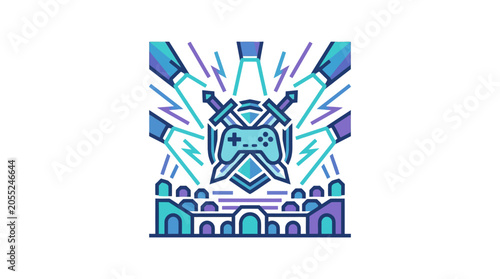 Blue shield with crossed swords crest.