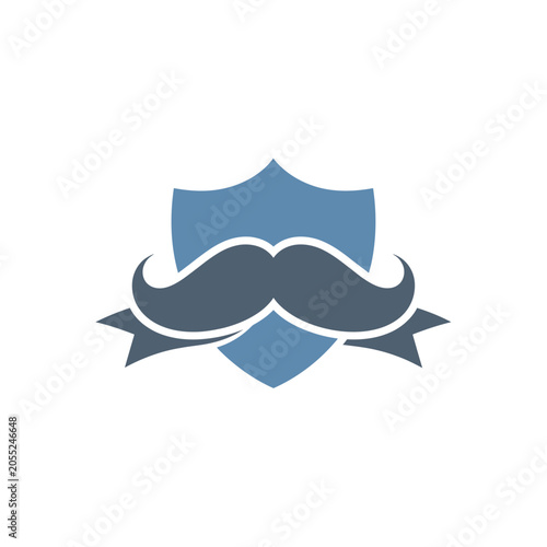 Blue shield with grey mustache logo.