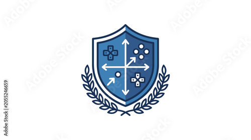 Blue shield with white symbols.