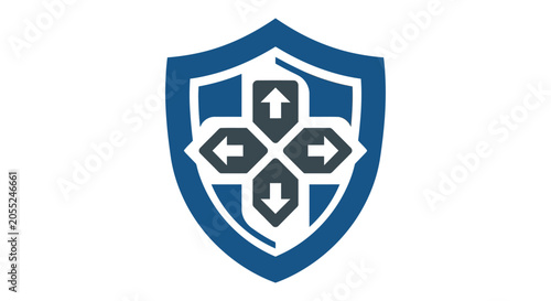 Blue shield with directional arrows logo.