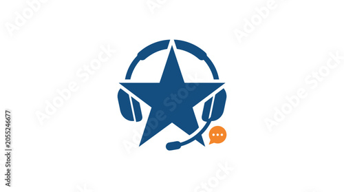 Blue star logo with headphones.