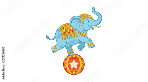 Blue elephant balancing on ball.