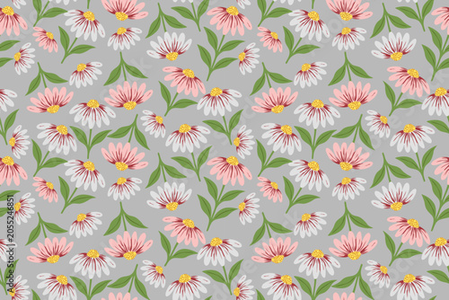 Charming seamless daisy pattern with soft pink and white flowers, green leaves, and golden centers on a gray background, perfect for fabric and decor.