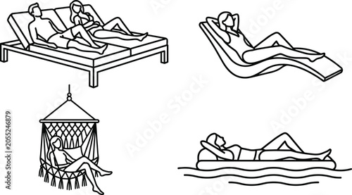 Konstfotografi Minimalist summer relaxation line art vector illustration set with people sunbat