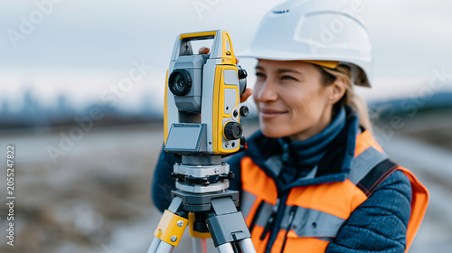 Female civil engineer operating a total station surveying instrument on a tripod at a large undeveloped construction site, looking through the eyepiece with focused precision, expa