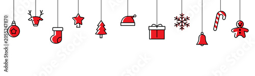 Christmas hanging ornaments banner with reindeer, Santa hat, Christmas tree, gift box, snowflake, candy cane, bell, gingerbread man and festive bauble in minimal outline vector style