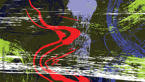 Abstract grunge background with expressive paint brush strokes and colorful textured splatters