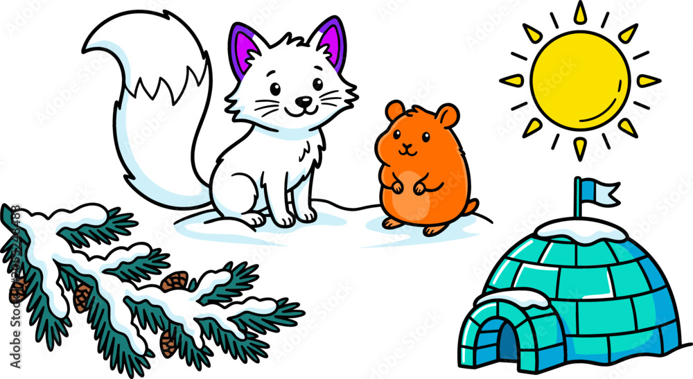 Fototapeta premium Cute Arctic Fox and Hamster Cartoon Character Sticker Set with Ice Igloo Snowy Pine Branch and Sun Elements for Kids Vector Illustration