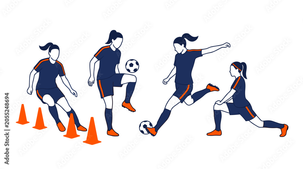 Fototapeta premium Female football players group training drill on a green grass field under bright daylight with women sports football athletes training exercise practice teamwork coaching