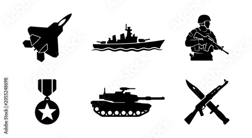 Fotografi Military Icons Set: Jet Fighter, Warship, Soldier, Tank, Medal, Crossed Rifles,