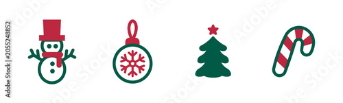 Christmas icon set with snowman, ornament, Christmas tree and candy cane. Flat vector illustration, festive holiday symbols, clean design, isolated on light background