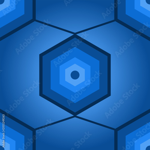 Abstract seamless background featuring concentric blue hexagons with a central dark dot
