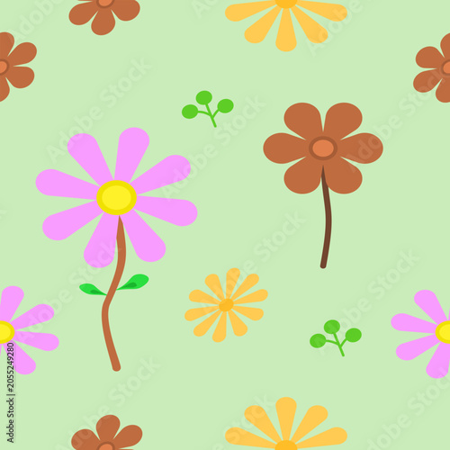 Cute seamless floral pattern with colorful daisies and leaves on a soft light green background