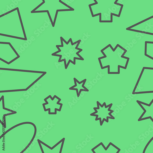 A seamless vector pattern featuring various dark grey outline geometric shapes scattered on a bright green backdrop