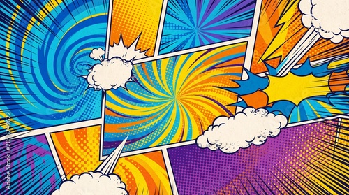 Colorful comic book panel backgrounds with dynamic swirling patterns and action lines. Abstract visual elements like bursts, speech bubbles and explosions.