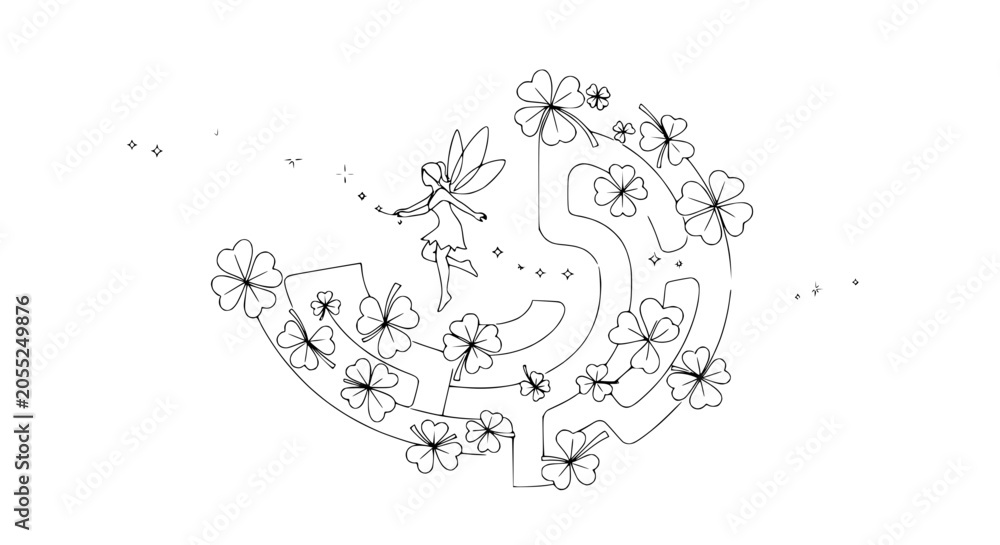 Obraz premium Whimsical Fairy in Clover Maze, Sparkle Magic, Outline Illustration