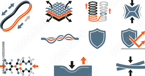 Slika na platnu Material properties and fabric technology icon set featuring elastic stretching