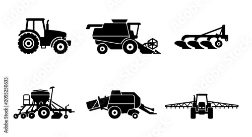 Foto Agricultural Machinery Icons Set: Tractor, Combine Harvester, Plow, Seeder, Bale