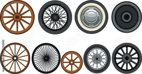Tableau sur toile Vintage wheel vector set featuring classic wooden wagon wheels retro wire spoked