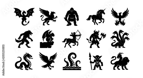 Obraz na płótnie Mythical Creatures Vector Icons Set, Fantasy Beasts Silhouette Collection, Legen