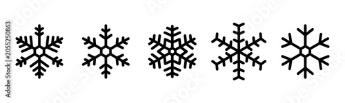 Snowflake icon set with five unique winter snow crystal designs. Minimal outline vector collection, clean geometric style, isolated on light background