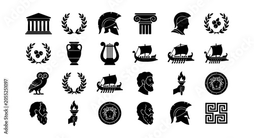 Slika na platnu Ancient Greek Icons Set: Temple, Laurel Wreath, Helmet, Amphora, Lyre, Ship, Owl