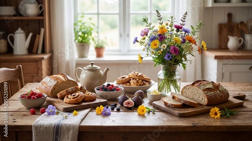 A rustic wooden table laden with an assortment of freshly baked bread, pastries, berries, figs, and a vibrant bouquet of wildflowers. The scene is set in a cozy.