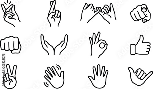 Quadro su tela Minimalist hand gesture line art vector icon set with thumbs up pinky swear snap