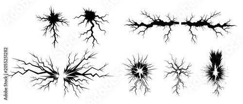 Schilderij op canvas Wall cracks and ground fissure silhouettes in hand drawn ink style