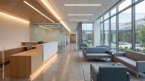 A modern and elegant office reception area with a long counter, comfortable seating, and large windows overlooking a green courtyard